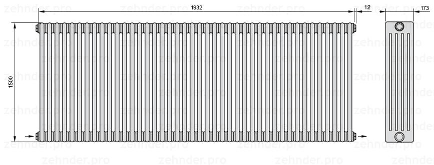 Схема (чертеж) Радиатор Zehnder Charleston 5150/42 №2670 Белый глянцевый RAL 9016